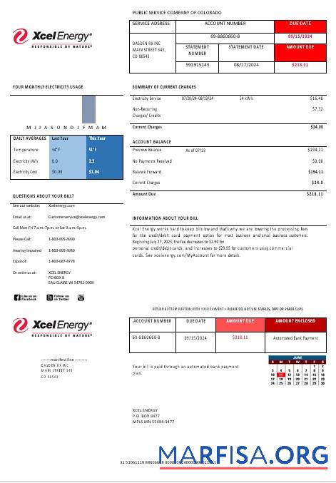 Downloadable USA Colorado XcelEnergy electricity business utility bill template in Word and PDF formats, version 3